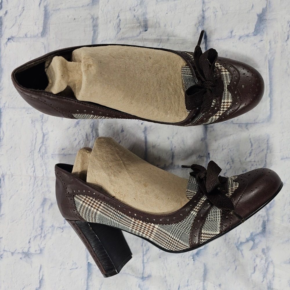 Franco Sarto Halley Heels Women 9 Brown Plaid Wingtip Block Pump Bow Academia